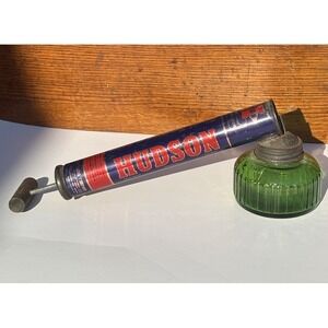 Vtg 1950s HUDSON Hand Pump Bug Insect Garden Sprayer with Green Glass Bottle